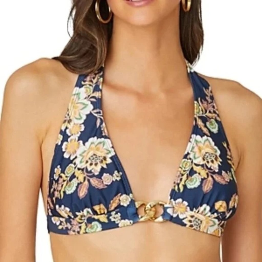 Shoshanna Halter Bikini Top Printed Chain Embellished Cup Size C Floral Blue Nwt